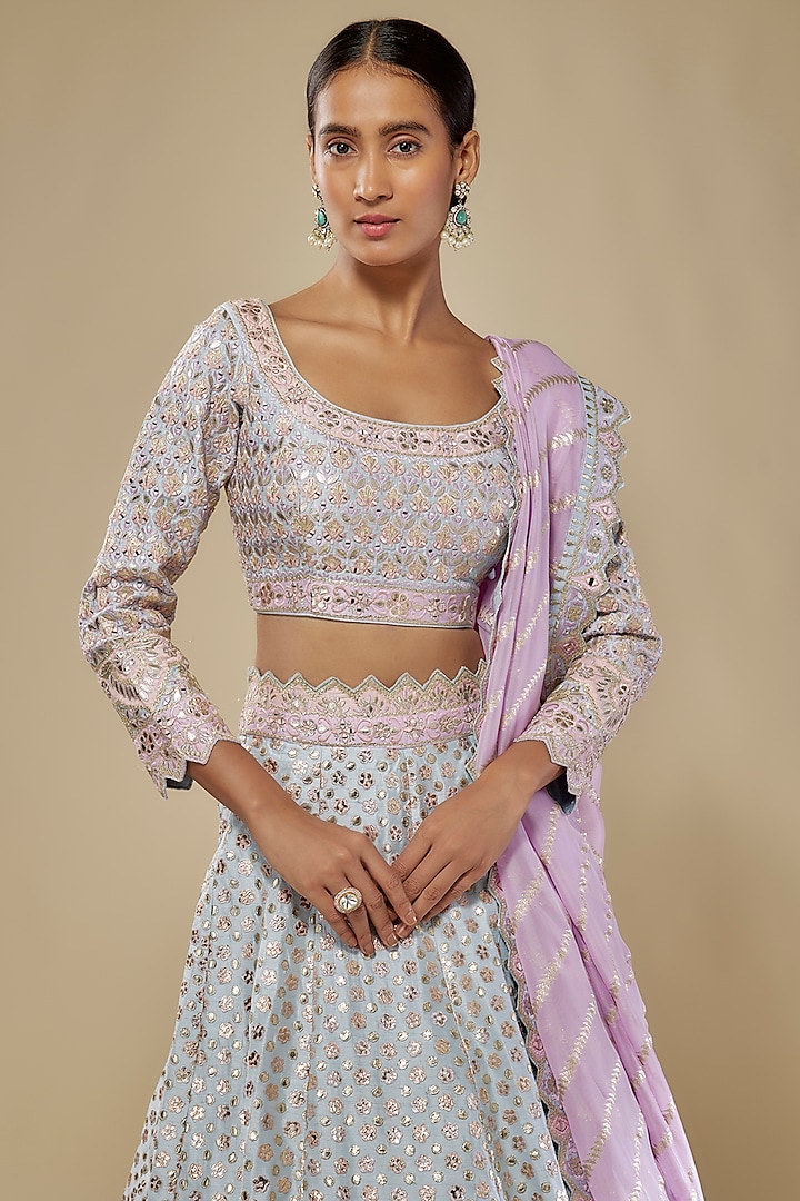 Blue Slub Silk Mirror & Gota Embroidered Wedding Lehenga Set by Suhino at Pernia's Pop Up Shop