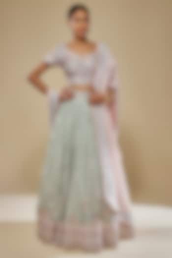 Green Tissue Mirror & Resham Embroidered Wedding Lehenga Set by Suhino at Pernia's Pop Up Shop