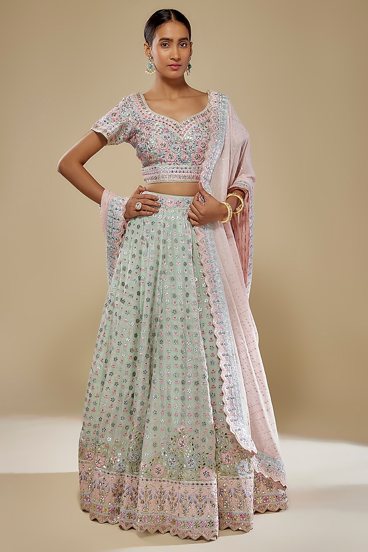 Green Tissue Mirror & Resham Embroidered Wedding Lehenga Set by Suhino at Pernia's Pop Up Shop