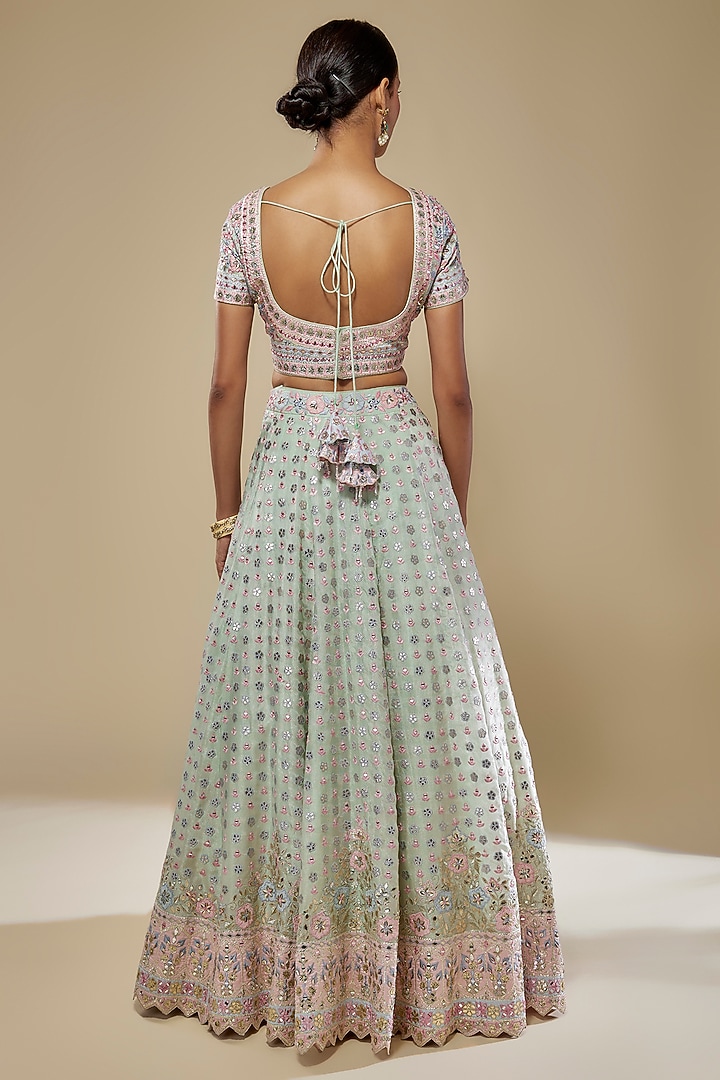Green Tissue Mirror & Resham Embroidered Wedding Lehenga Set by Suhino at Pernia's Pop Up Shop