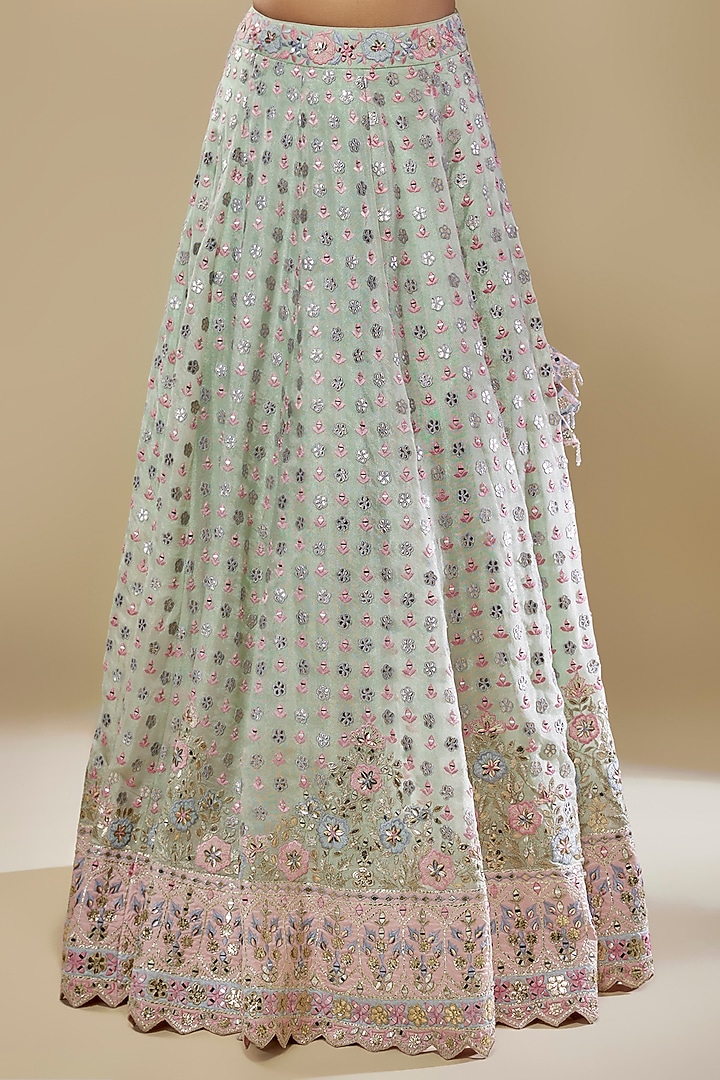 Green Tissue Mirror & Resham Embroidered Wedding Lehenga Set by Suhino at Pernia's Pop Up Shop
