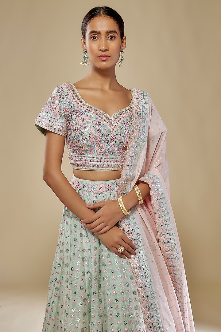 Green Tissue Mirror & Resham Embroidered Wedding Lehenga Set by Suhino at Pernia's Pop Up Shop