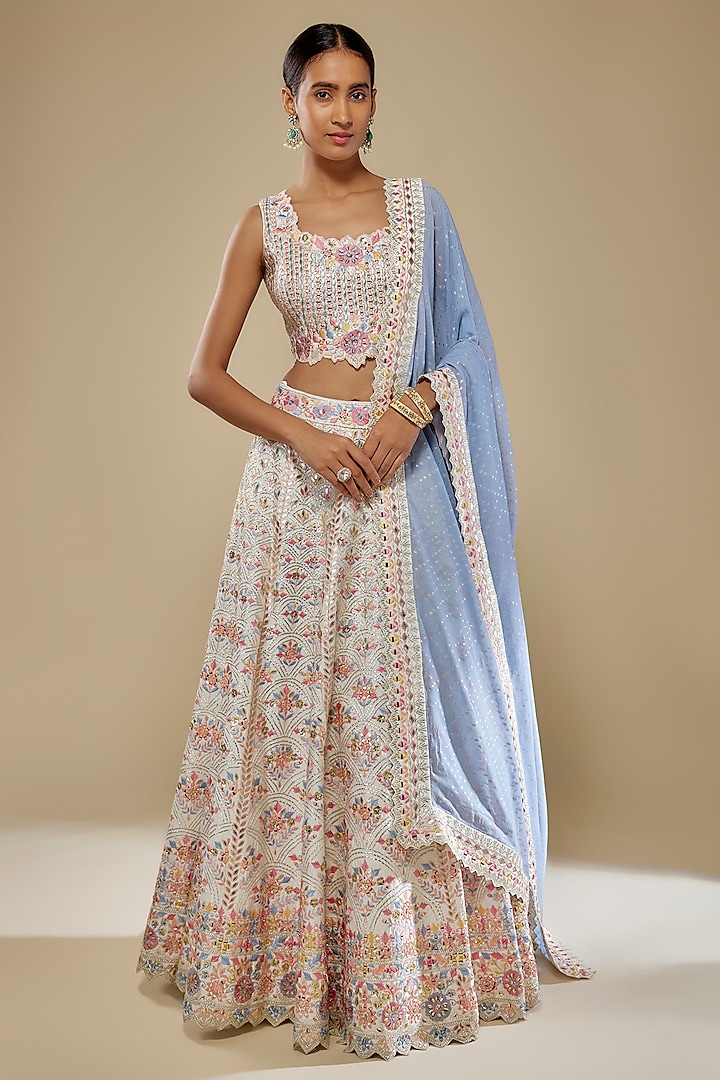 White Tissue Mirror & Resham Embroidered Wedding Lehenga Set by Suhino at Pernia's Pop Up Shop