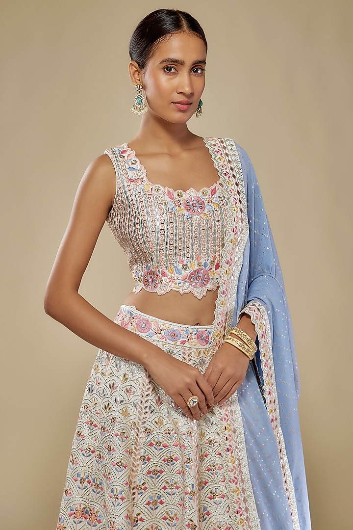 White Tissue Mirror & Resham Embroidered Wedding Lehenga Set by Suhino at Pernia's Pop Up Shop
