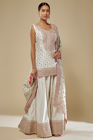 White Slub Silk Gota Embroidered Sharara Set by Suhino