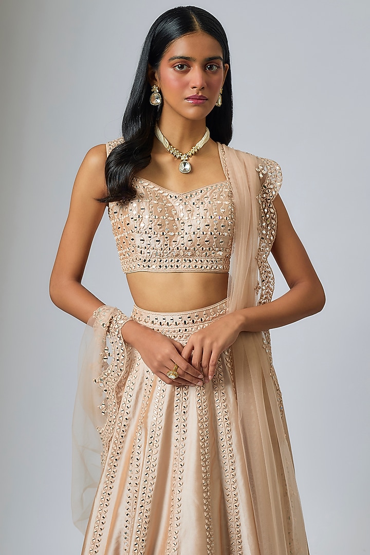 Champagne Taffeta Mirror Embroidered Wedding Lehenga Set by Suhino at Pernia's Pop Up Shop