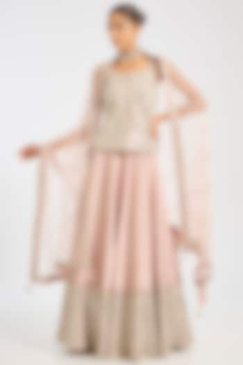 Peach Tissue Embroidered Wedding Lehenga Set by Suhino at Pernia's Pop Up Shop
