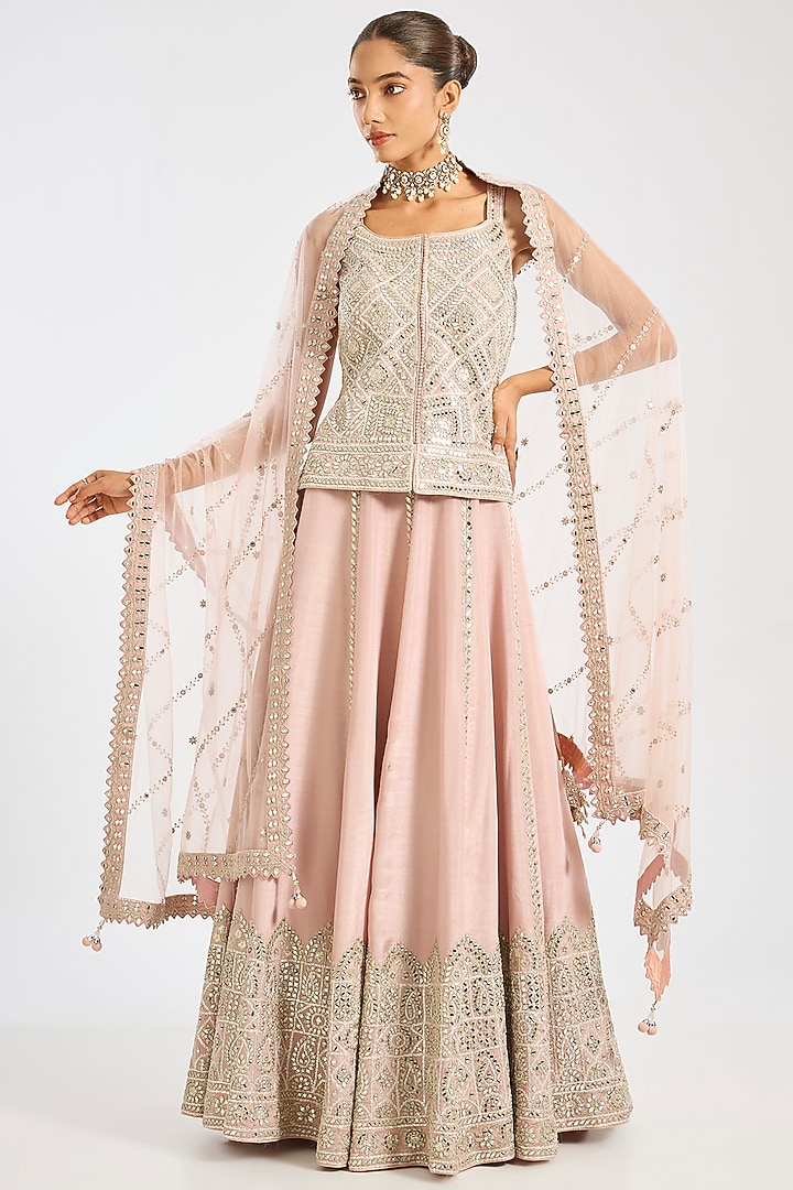 Peach Tissue Embroidered Wedding Lehenga Set by Suhino at Pernia's Pop Up Shop