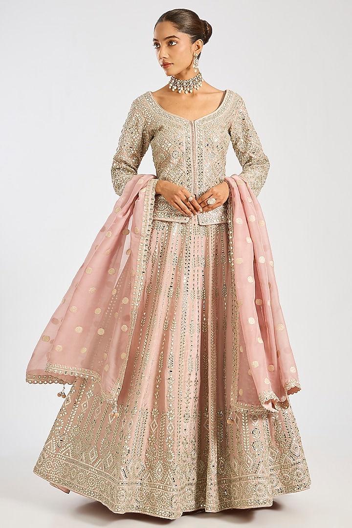 Peach Tissue Mirror Embroidered Wedding Lehenga Set by Suhino at Pernia's Pop Up Shop