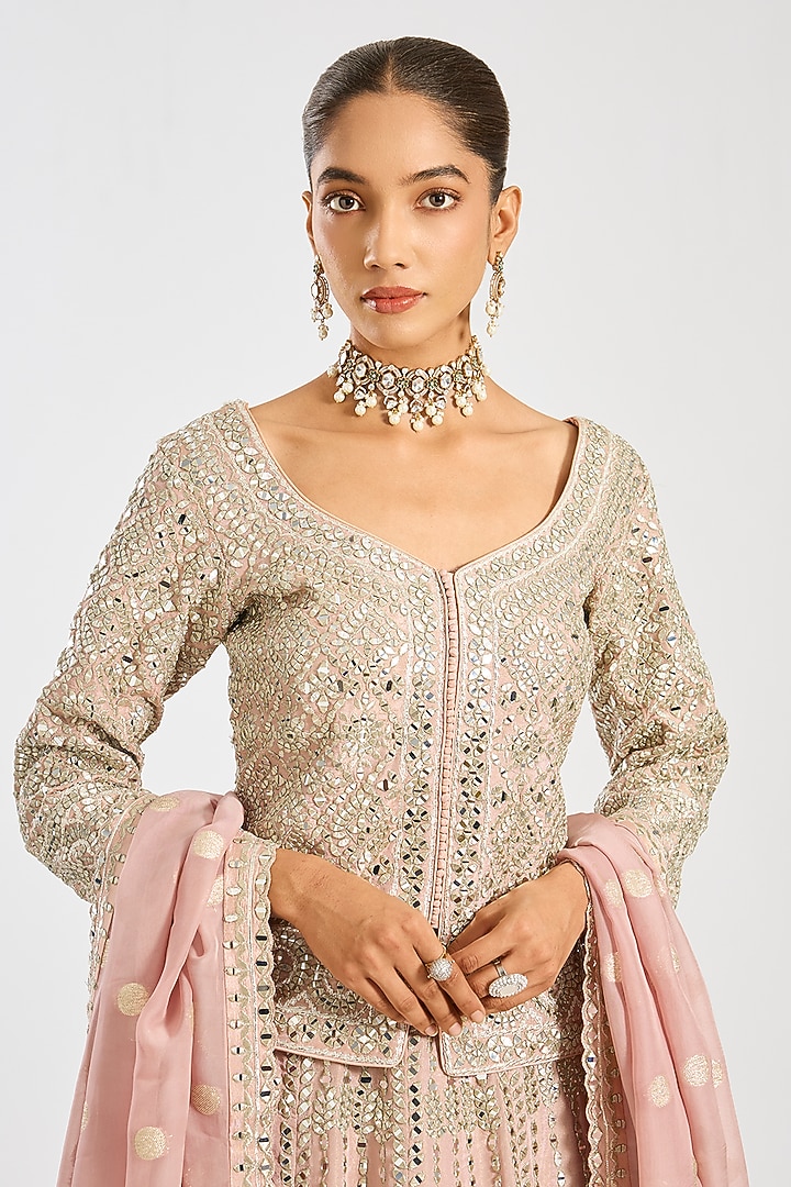 Peach Tissue Mirror Embroidered Wedding Lehenga Set by Suhino at Pernia's Pop Up Shop