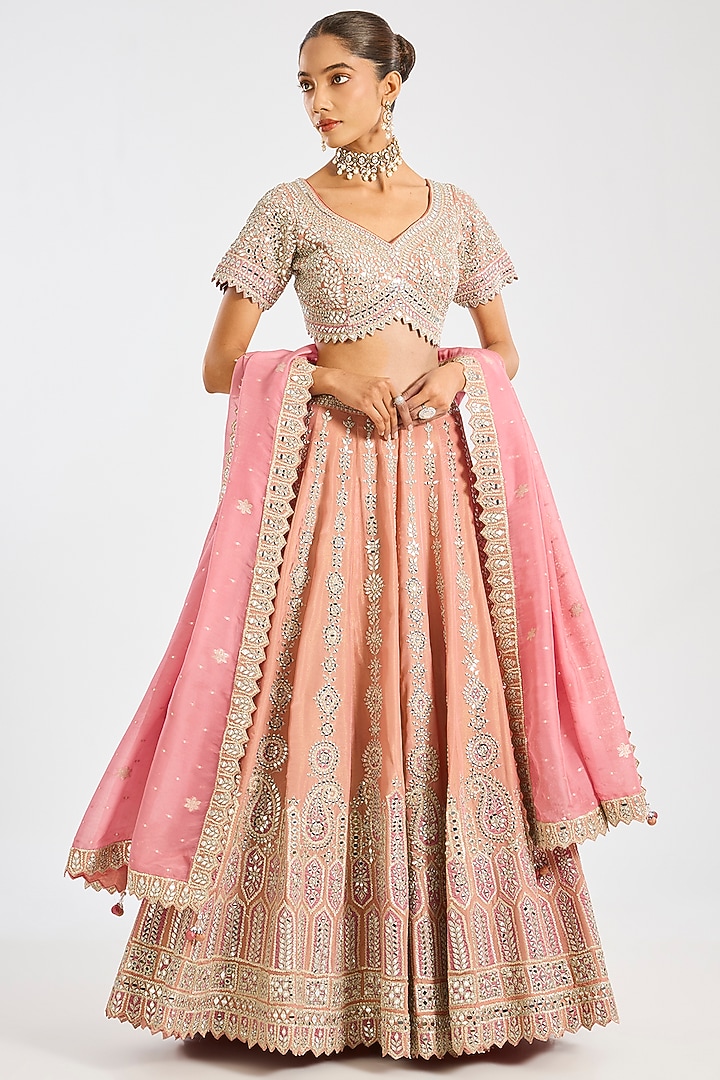 Pink Tissue Mirror Embroidered Wedding Lehenga Set by Suhino at Pernia's Pop Up Shop