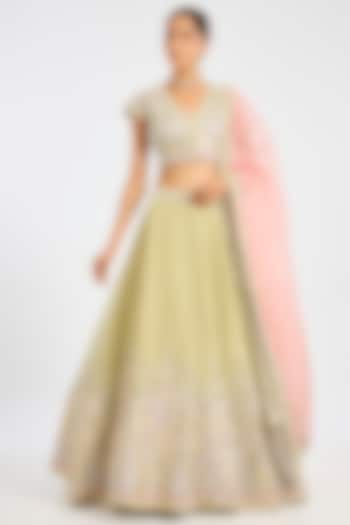 Green Tissue Mirror Embroidered Wedding Lehenga Set by Suhino at Pernia's Pop Up Shop