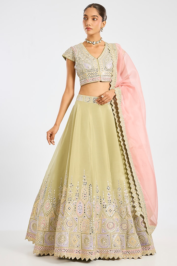 Green Tissue Mirror Embroidered Wedding Lehenga Set by Suhino at Pernia's Pop Up Shop