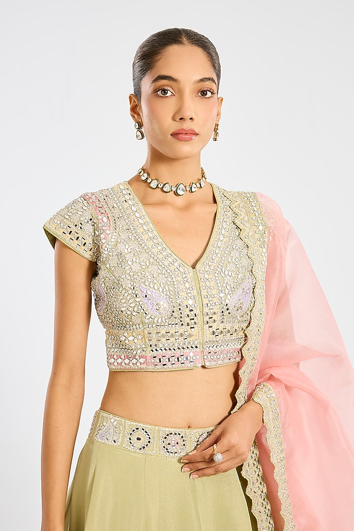 Green Tissue Mirror Embroidered Wedding Lehenga Set by Suhino at Pernia's Pop Up Shop