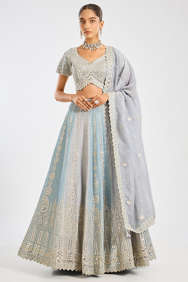 Blue Taffeta Mirror Embroidered Wedding Lehenga Set by Suhino at Pernia's Pop Up Shop