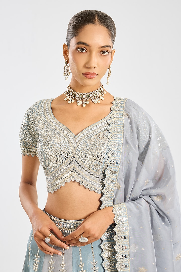Blue Taffeta Mirror Embroidered Wedding Lehenga Set by Suhino at Pernia's Pop Up Shop