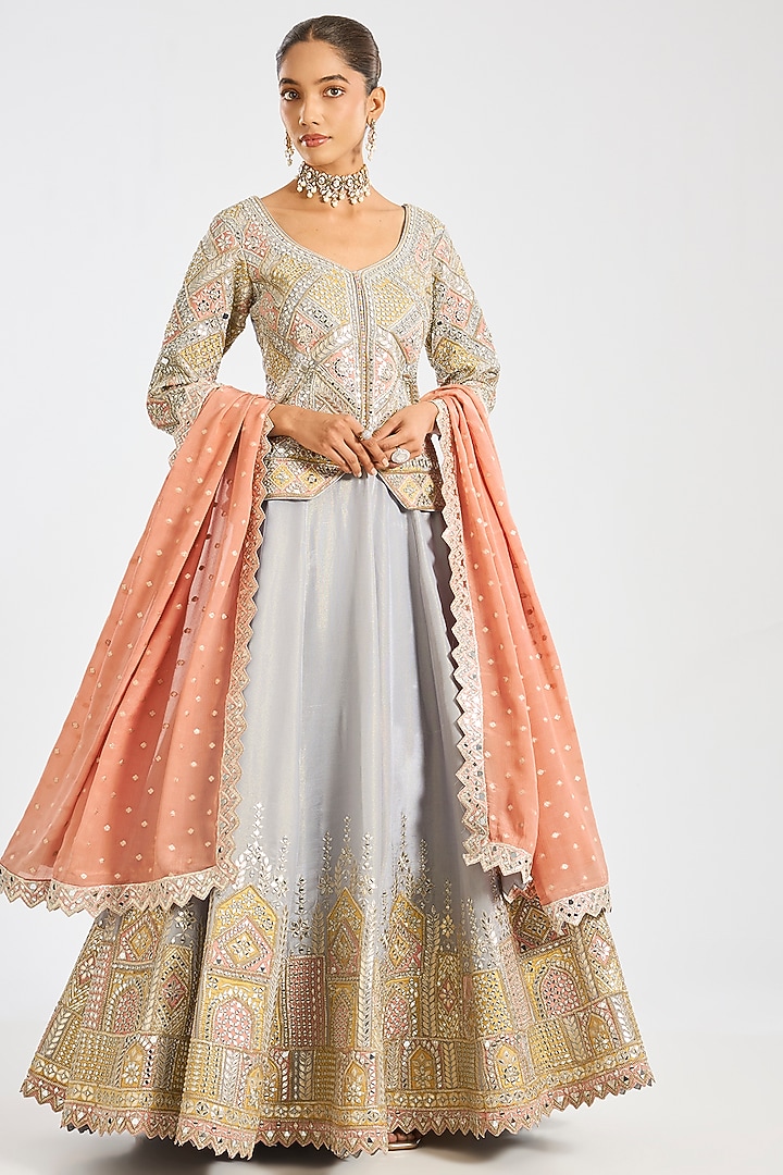 Grey Tissue Embroidered Wedding Lehenga Set by Suhino at Pernia's Pop Up Shop