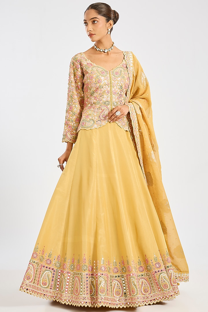 Yellow Tissue Embroidered Wedding Lehenga Set by Suhino at Pernia's Pop Up Shop