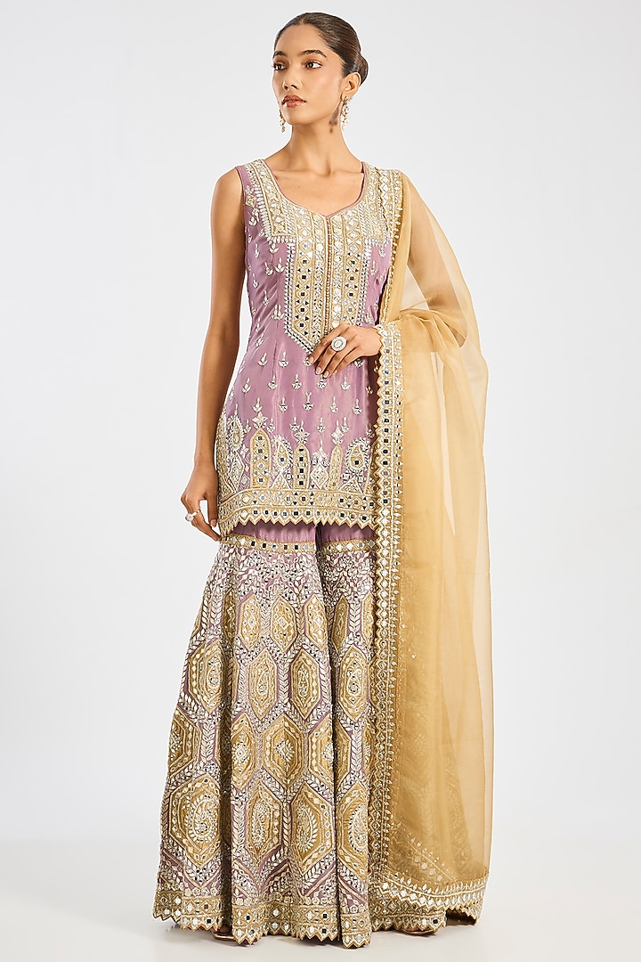 Mustard Tissue Embroidered Gharara Set by Suhino at Pernia's Pop Up Shop