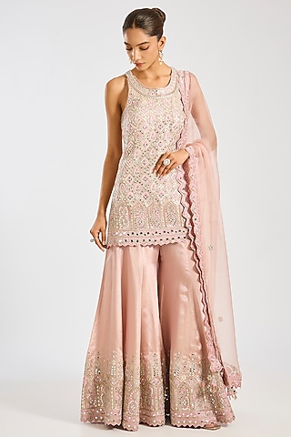 Pink Tissue Embroidered Sharara Set by Suhino