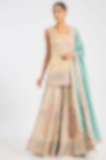 Dusty Green & Ivory Tissue Embroidered Gharara Set by Suhino at Pernia's Pop Up Shop