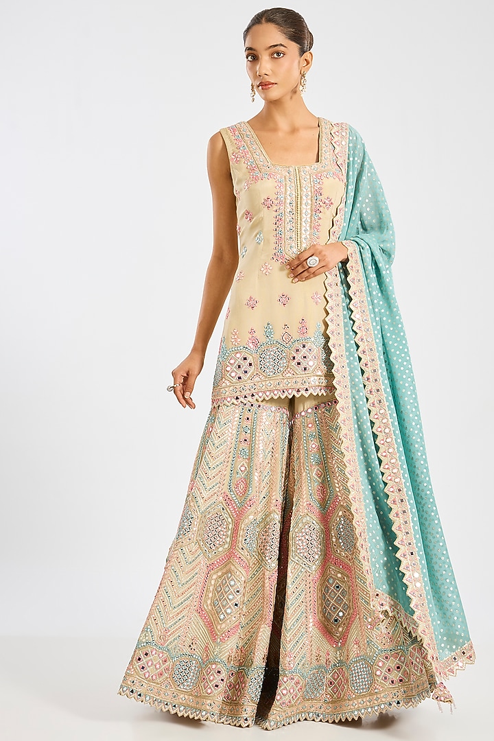 Dusty Green & Ivory Tissue Embroidered Gharara Set by Suhino at Pernia's Pop Up Shop