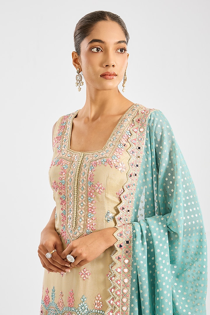 Dusty Green & Ivory Tissue Embroidered Gharara Set by Suhino at Pernia's Pop Up Shop
