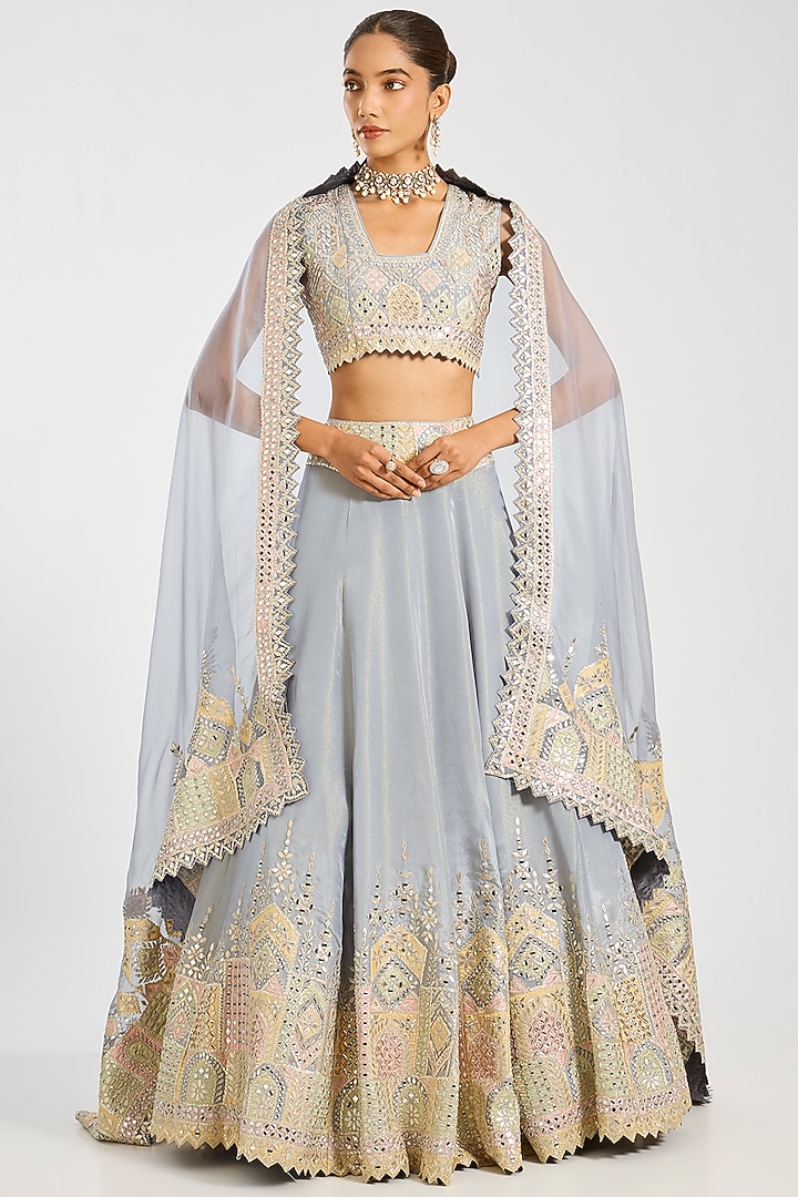 Grey Tissue Embroidered Wedding Lehenga Set by Suhino at Pernia's Pop Up Shop