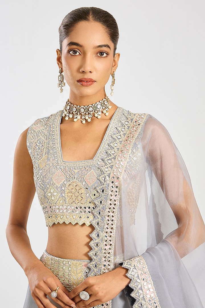 Grey Tissue Embroidered Wedding Lehenga Set by Suhino at Pernia's Pop Up Shop