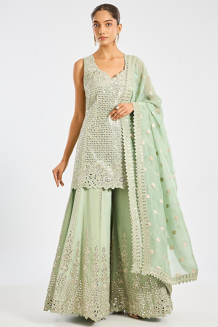 Green Tissue Embroidered Wedding Sharara Set by Suhino at Pernia's Pop Up Shop