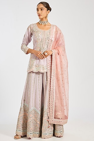 Lilac Tissue Embroidered Gharara Set by Suhino