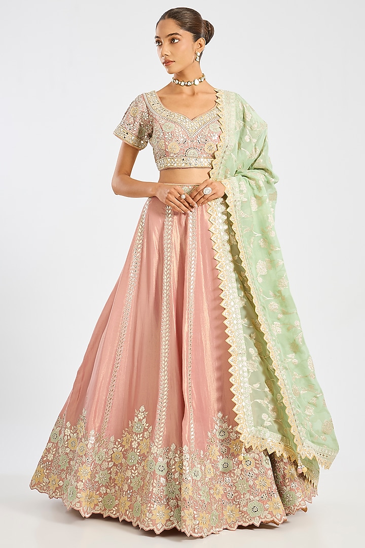 Pink Tissue Embroidered Wedding Lehenga Set by Suhino at Pernia's Pop Up Shop