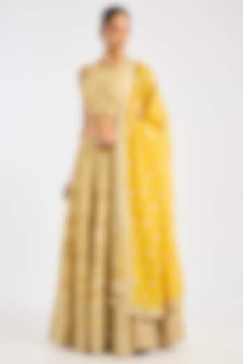 Yellow Tissue Embroidered Wedding Lehenga Set by Suhino at Pernia's Pop Up Shop