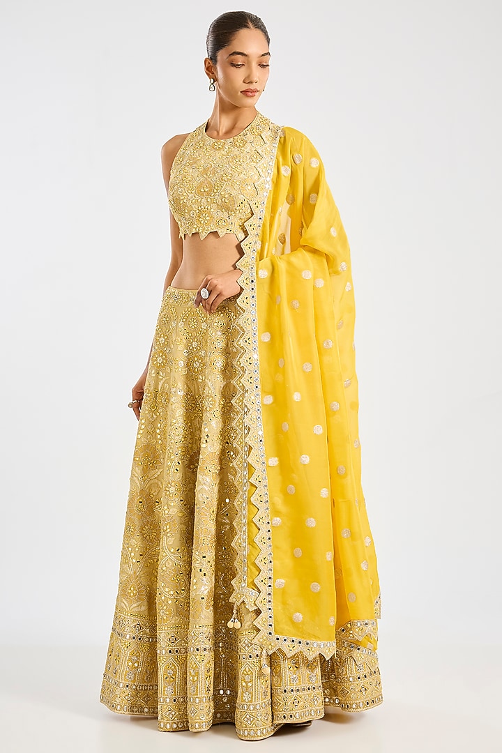 Yellow Tissue Embroidered Wedding Lehenga Set by Suhino at Pernia's Pop Up Shop