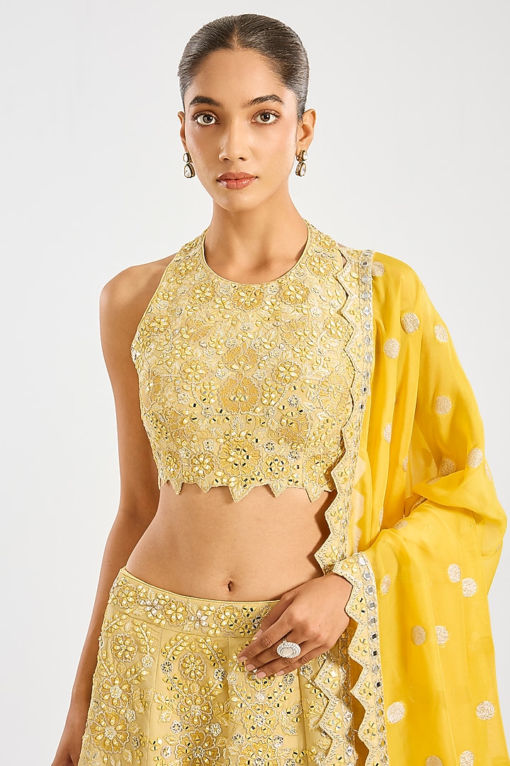 Yellow Tissue Embroidered Wedding Lehenga Set by Suhino at Pernia's Pop Up Shop