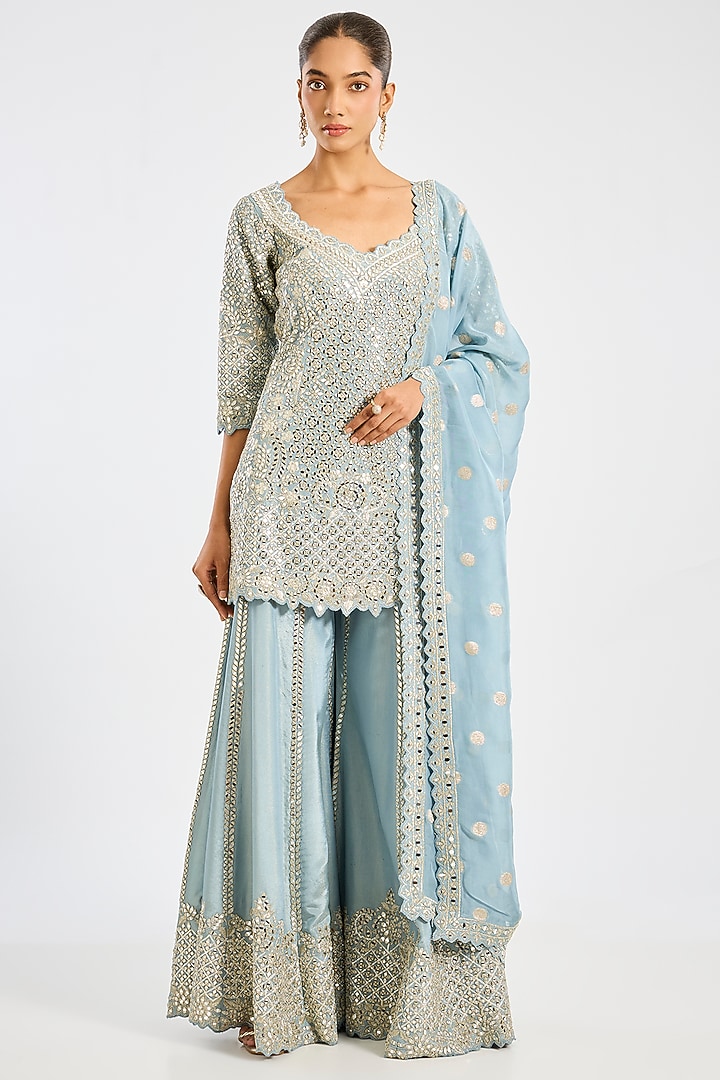 Blue Tissue Embroidered Wedding Sharara Set by Suhino at Pernia's Pop Up Shop