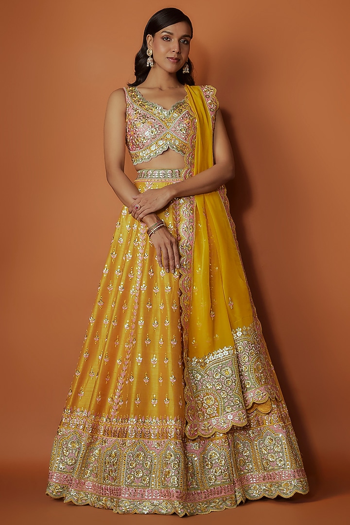 Yellow Slub Silk Cutdana Embroidered Wedding Lehenga Set by Suhino at Pernia's Pop Up Shop