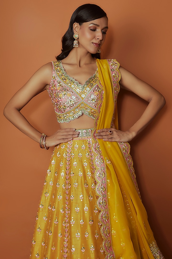 Yellow Slub Silk Cutdana Embroidered Wedding Lehenga Set by Suhino at Pernia's Pop Up Shop