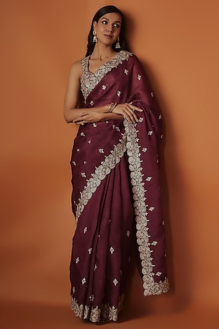 Maroon Organza Aari Work Saree Set by Suhino