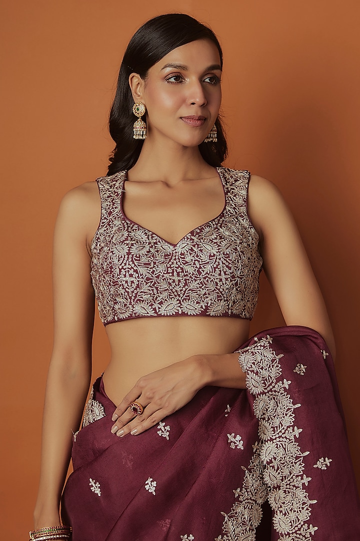 Maroon Organza Aari Work Wedding Saree Set by Suhino at Pernia's Pop Up Shop