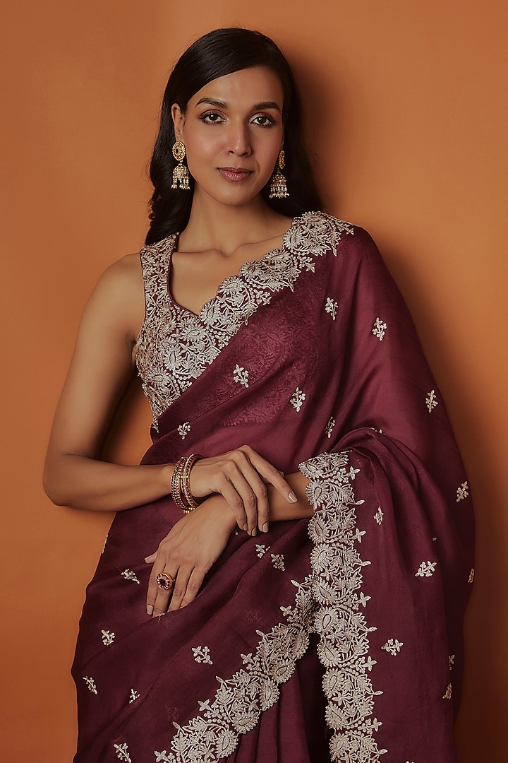 Maroon Organza Aari Work Wedding Saree Set by Suhino at Pernia's Pop Up Shop