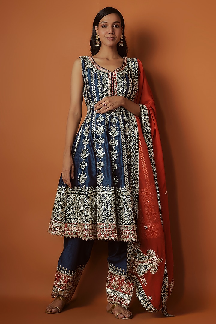 Blue Slub Silk Mirror Embroidered Short Wedding Anarkali Set by Suhino at Pernia's Pop Up Shop