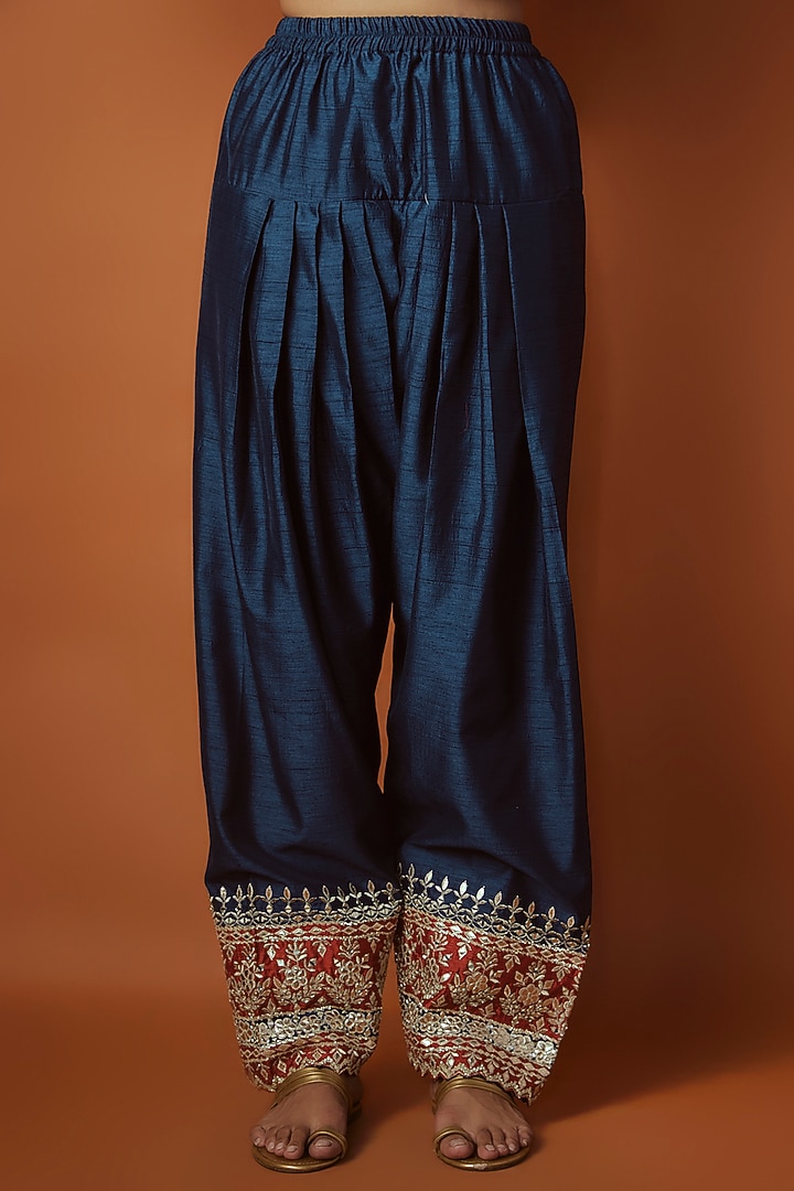 Blue Slub Silk Mirror Embroidered Short Wedding Anarkali Set by Suhino at Pernia's Pop Up Shop