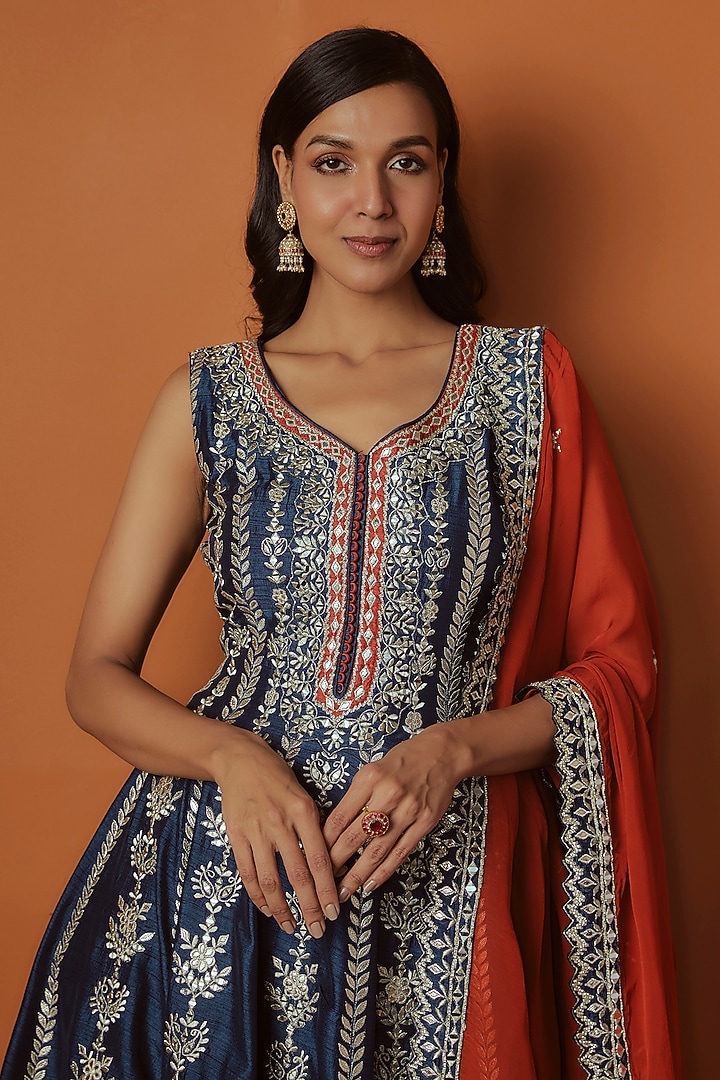 Blue Slub Silk Mirror Embroidered Short Wedding Anarkali Set by Suhino at Pernia's Pop Up Shop