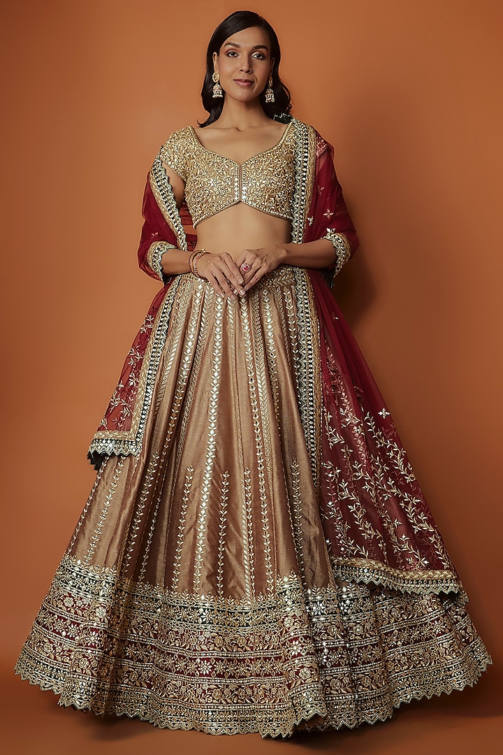 Bronze Slub Silk Mirror Embroidered Lehenga Set by Suhino