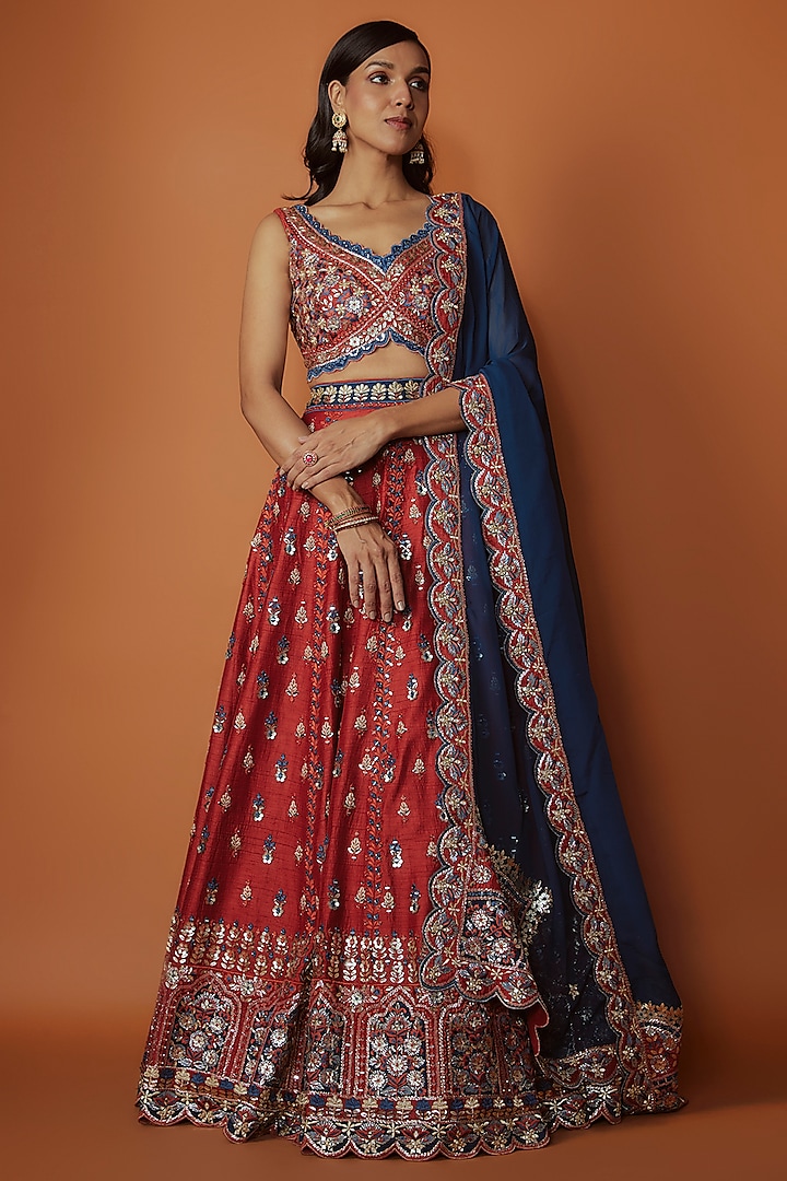 Rust Slub Silk Zari Embroidered Wedding Lehenga Set by Suhino at Pernia's Pop Up Shop