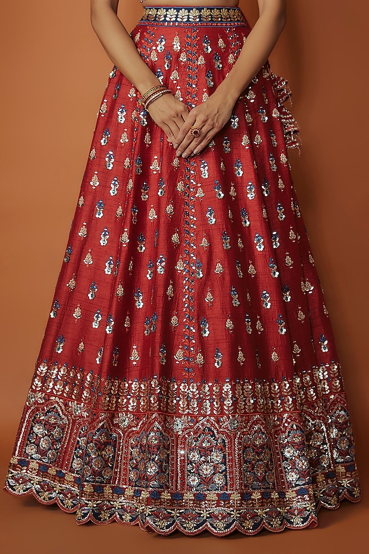 Rust Slub Silk Zari Embroidered Wedding Lehenga Set by Suhino at Pernia's Pop Up Shop