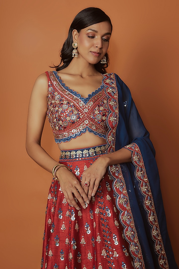 Rust Slub Silk Zari Embroidered Wedding Lehenga Set by Suhino at Pernia's Pop Up Shop