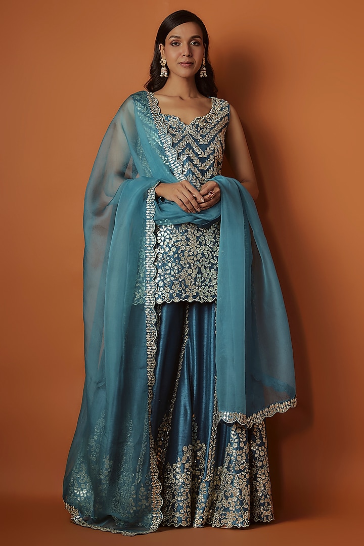 Teal Slub Silk Zari Embroidered Sharara Set by Suhino at Pernia's Pop Up Shop