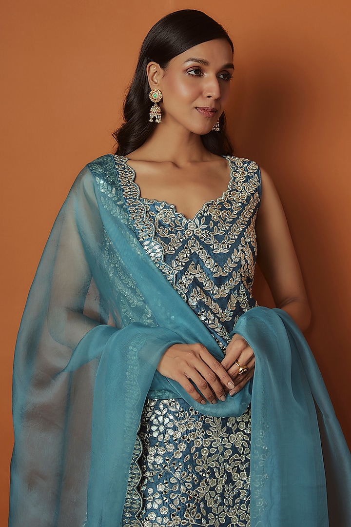 Teal Slub Silk Zari Embroidered Wedding Sharara Set by Suhino at Pernia's Pop Up Shop